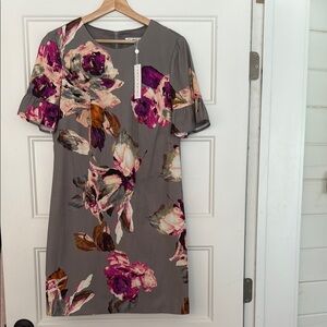 Pink And Gray Floral Flutter Sleeve Sheath Dress